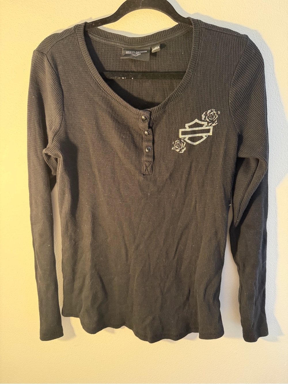 Harley-Davidson Black Waffle Knit  Henley Top